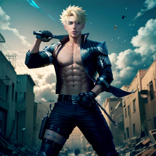a man with a sword and a shirtless body in a city street with buildings and clouds in the background