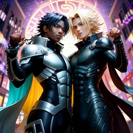 two people dressed in black and white standing next to each other in a city at night time with lights