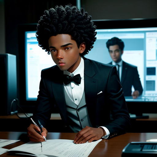a man in a tuxedo sitting at a desk with a pen and paper in front of him