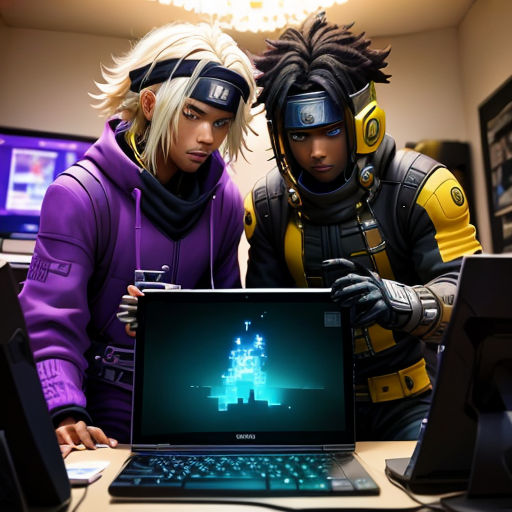 two people in costumes looking at a laptop screen with a computer screen on it and a laptop on the desk