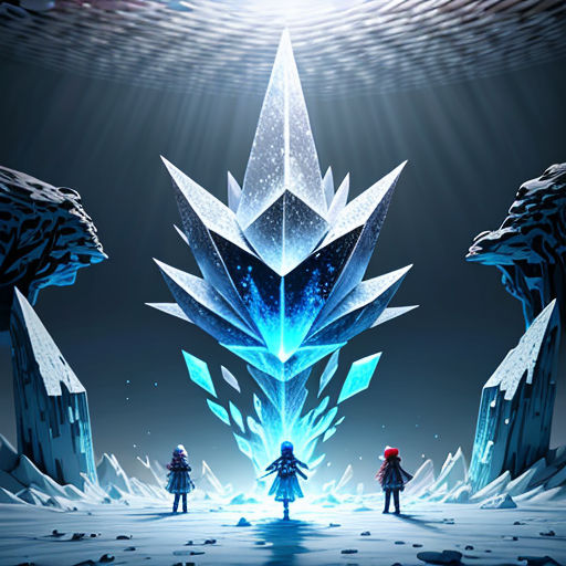 a group of people standing in front of a giant ice plant in a frozen forest with ice crystals and a bright light