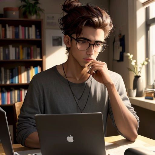 a man sitting at a table with a laptop computer in front of him and a bookcase behind him