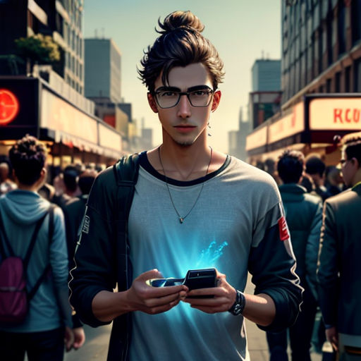 a man standing in the middle of a crowded street holding a cell phone in his hands and looking at the camera