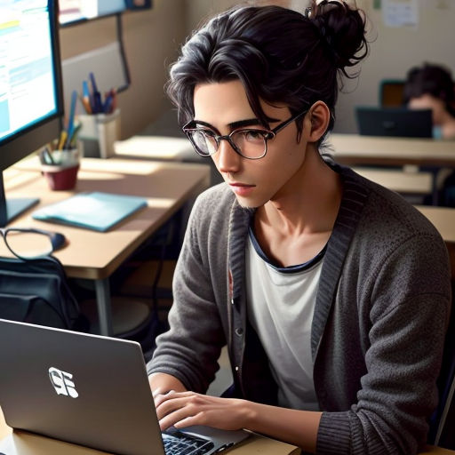 a man sitting at a desk with a laptop computer in front of him and a monitor behind him with a monitor on
