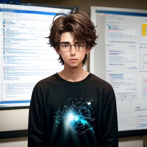 a young man wearing glasses standing in front of a computer screen with a blue and white image on it