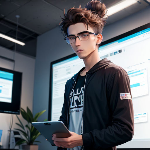 a man with glasses is holding a tablet in front of a monitor and a plant in a room with two monitors
