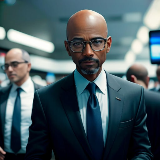a man in a suit and tie standing in a room with other men in suits and ties on the floor