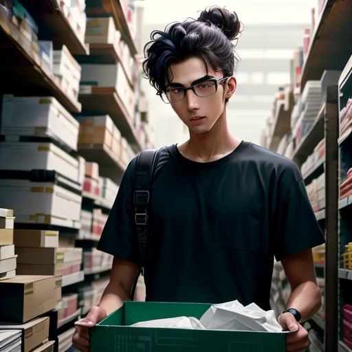 a man holding a box in a store aisle with stacks of boxes on the shelves behind him and a woman with a ponytail