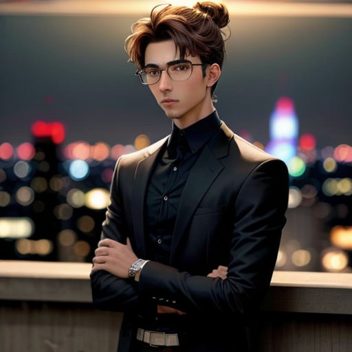 a man in a suit and glasses standing in front of a cityscape at night with his arms crossed