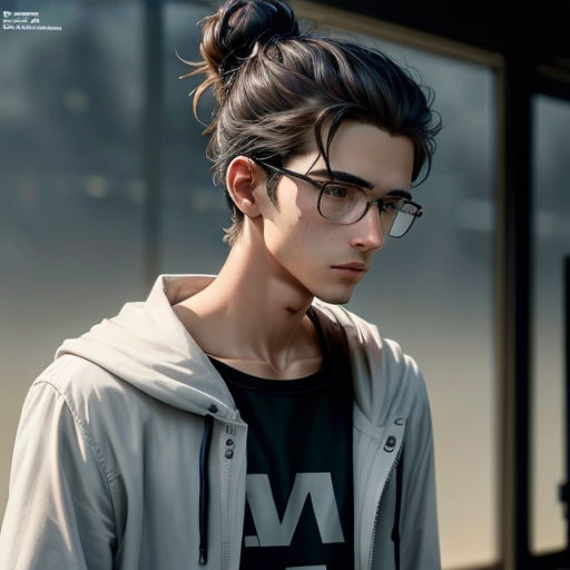 a man with glasses and a top knot in his hair is looking at something in the distance while standing outside