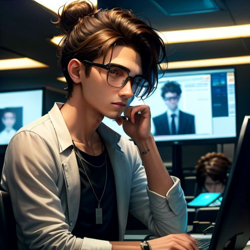a man sitting at a desk with a laptop computer in front of him and a monitor behind him with a man with glasses on his head