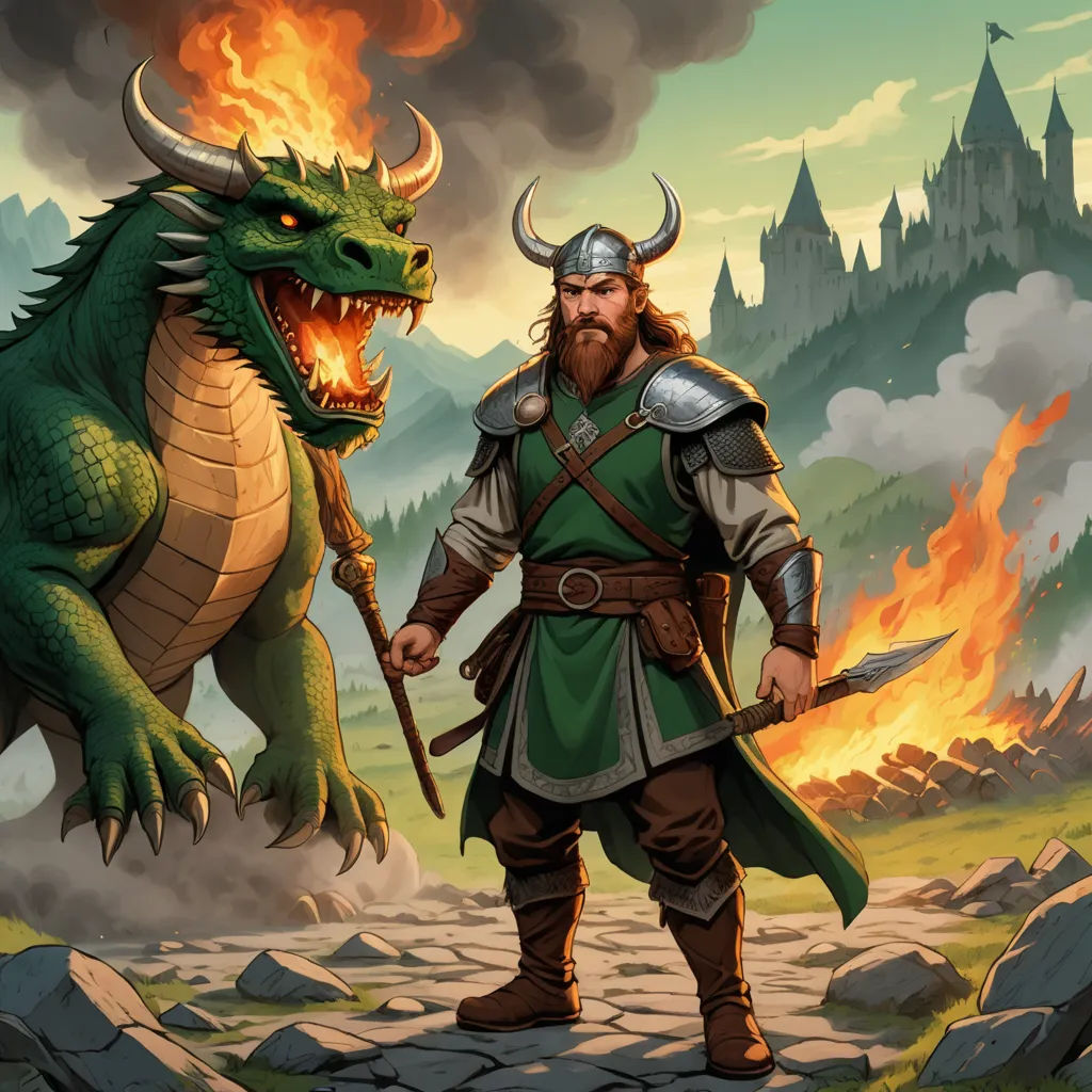 a man in a green outfit standing next to a dragon with a sword and a sword in his hand, fantasy art, a storybook illustration, Andreas Rocha, epic fantasy character art