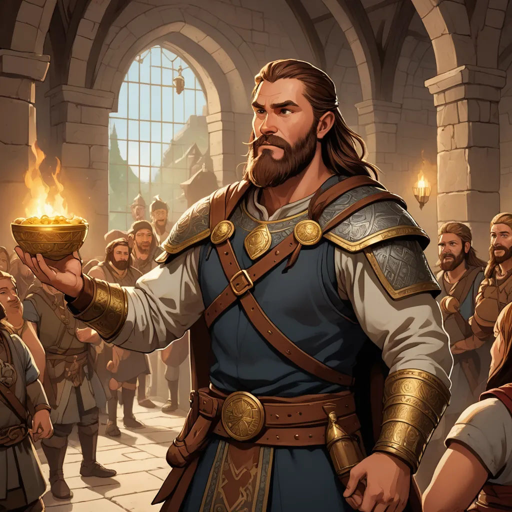 a man in a medieval outfit holding a bowl of gold in front of a crowd of people in a building, altermodern, concept art, Clint Cearley, magic the gathering artwork