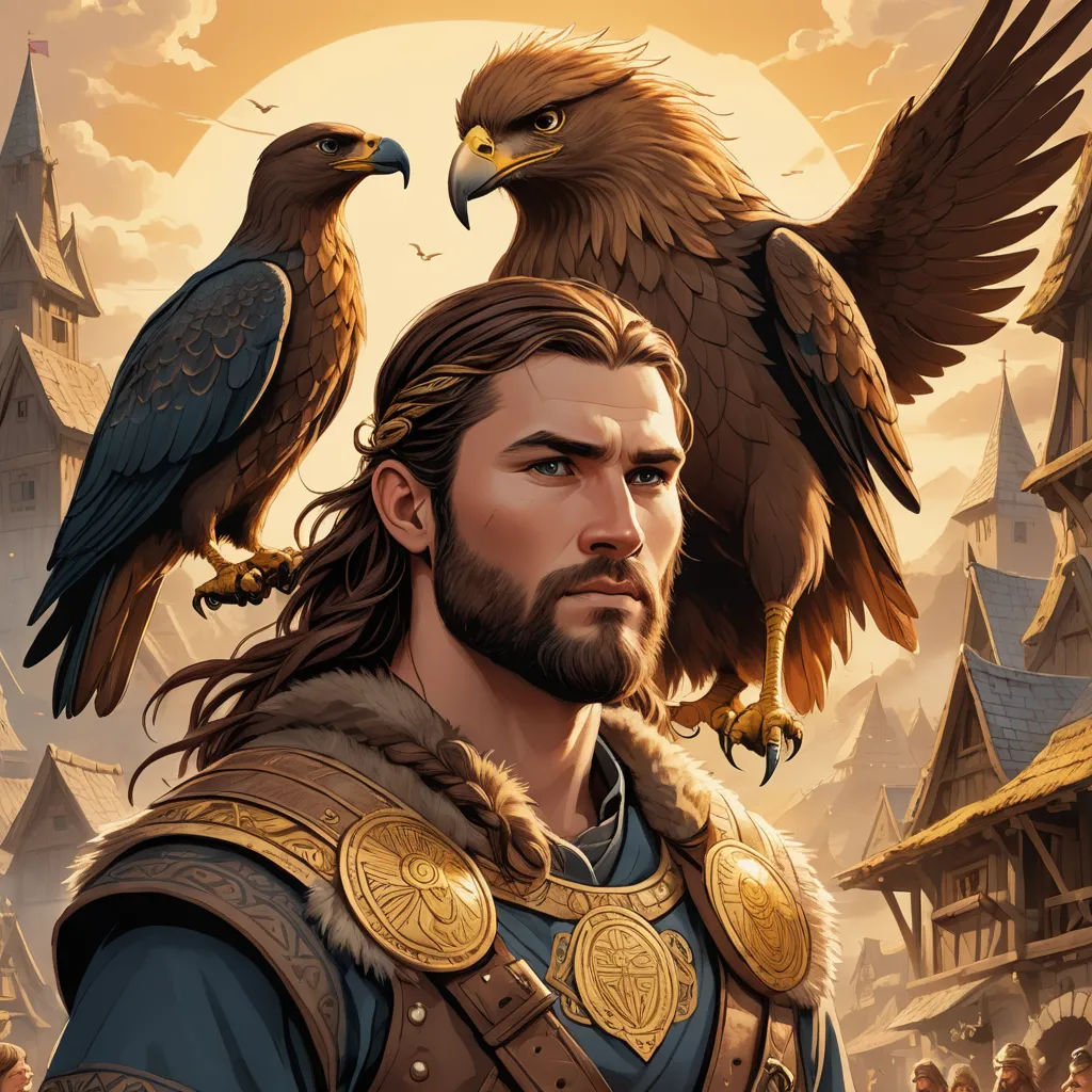 a man with a beard and a beard wearing a golden armor and two birds on his shoulder, and a castle in the background, fantasy art, a comic book panel, Brothers Hildebrandt, epic fantasy character art
