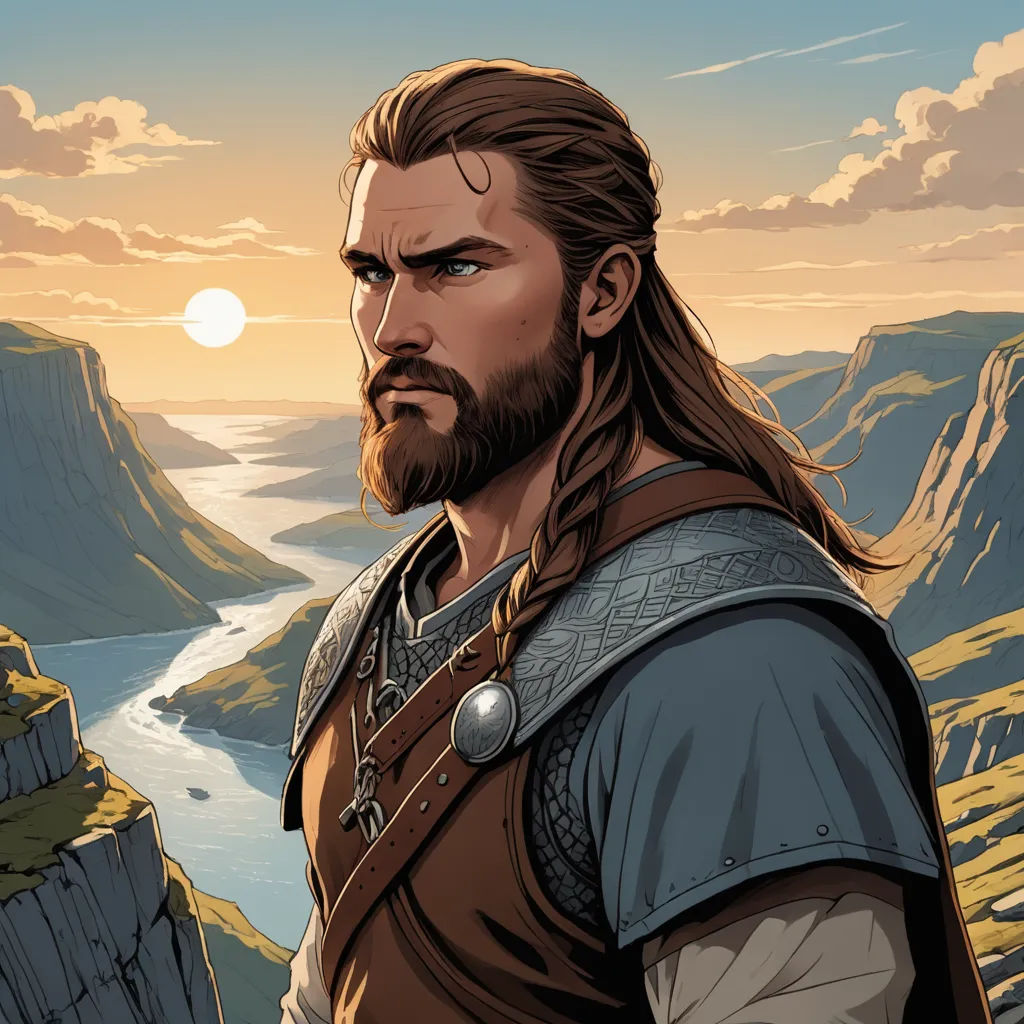 a man with long hair and a beard standing in front of a mountain range with a river and a cliff, fantasy art, a comic book panel, Dan Mumford, epic fantasy character art
