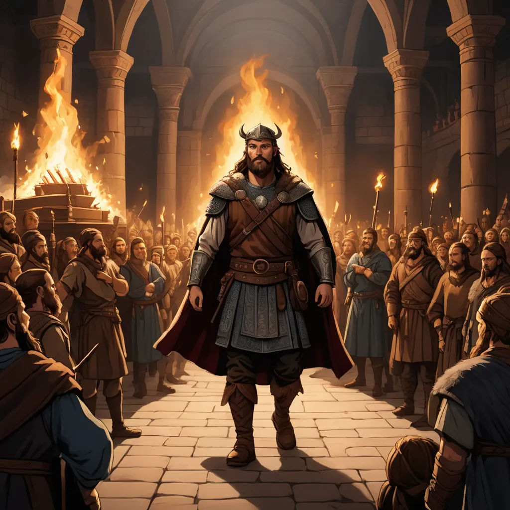 a man in a viking costume standing in front of a crowd of people in a building with fire coming from the ceiling, fantasy art, concept art, Andreas Rocha, epic fantasy character art
