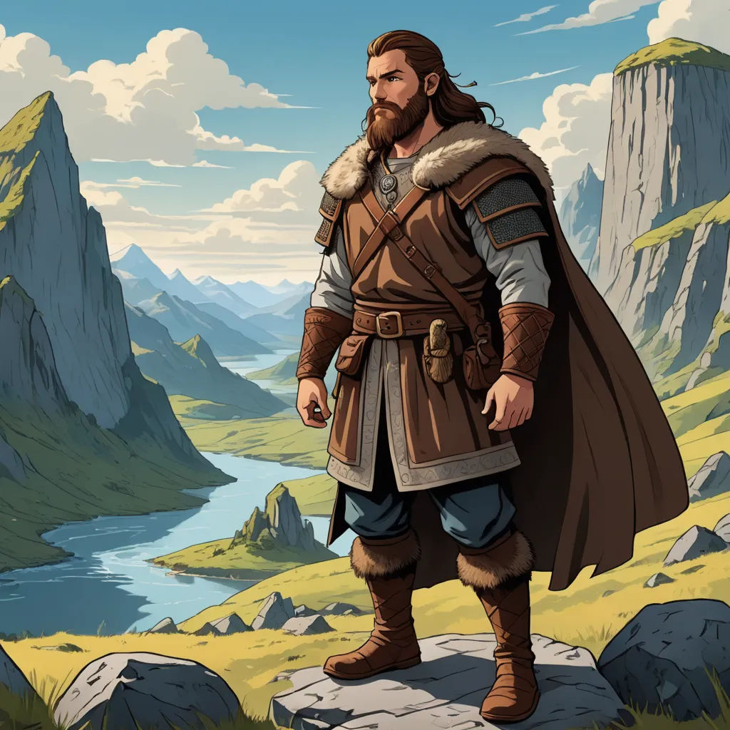 a man in a brown outfit standing on a rock in front of a mountain range with a river and a mountain range in the background, fantasy art, a character portrait, Diego Gisbert Llorens, epic fantasy character art