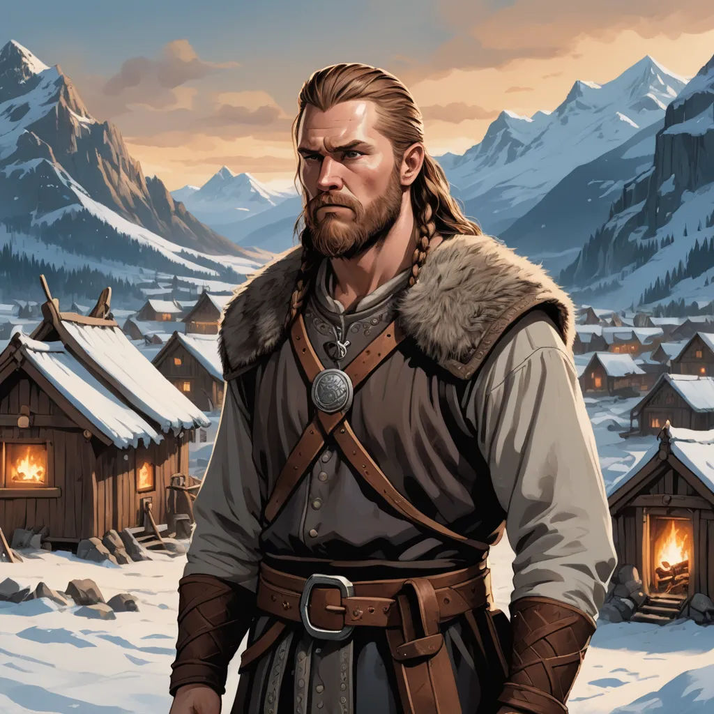 a man in a winter scene with a mountain background and a village in the background with a snow covered mountain, fantasy art, a comic book panel, Brothers Hildebrandt, epic fantasy character art