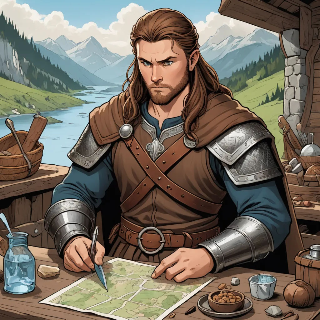 a man in a medieval outfit is writing on a map and holding a knife and fork in his hand, fantasy art, a comic book panel, Brothers Hildebrandt, epic fantasy character art
