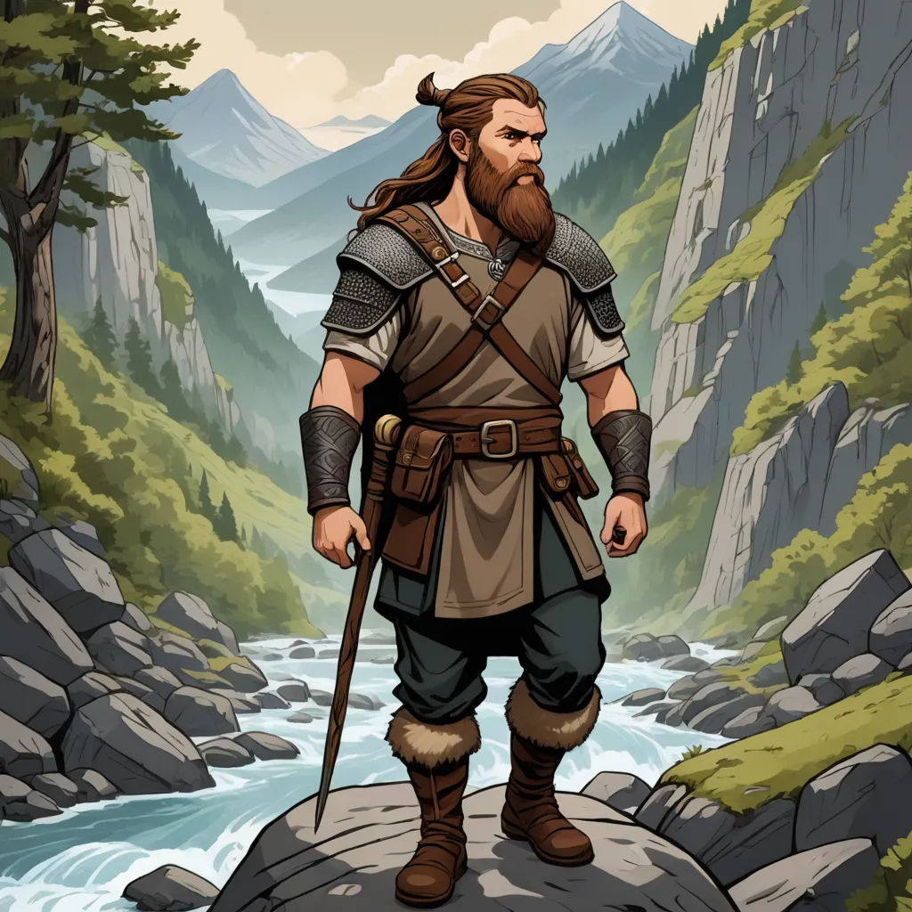 a man with a beard and a beard standing on a rock near a river and mountains in the background, fantasy art, a character portrait, Cedric Seaut (Keos Masons), epic fantasy character art