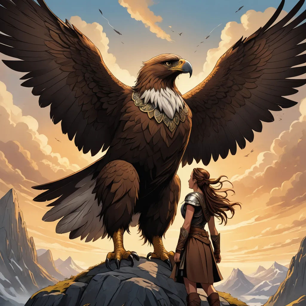 a woman standing on a rock with a large bird on her shoulder and wings outstretched, with mountains in the background, fantasy art, a comic book panel, Art of Brom, magic the gathering artwork