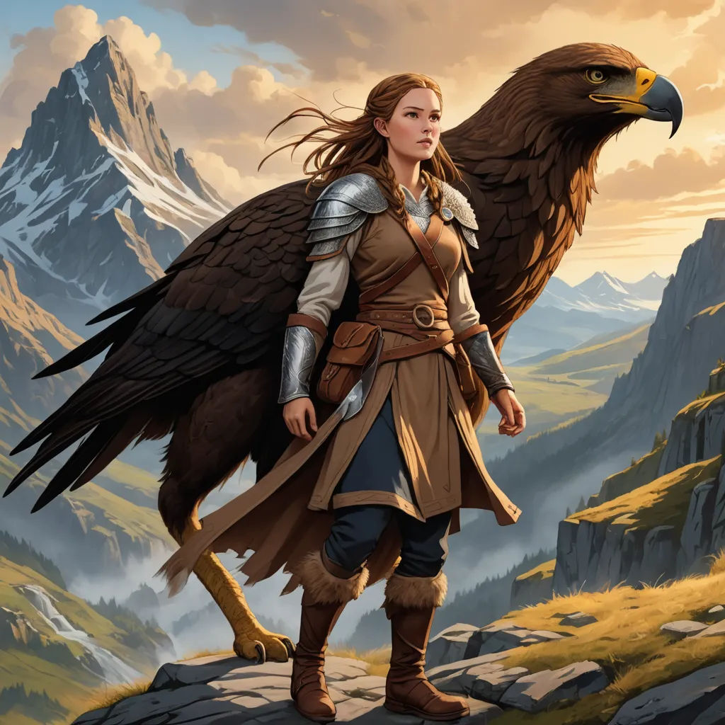 a woman in a brown outfit holding a large bird on her arm and a mountain in the background with a sky and clouds, fantasy art, a character portrait, Clint Cearley, epic fantasy character art
