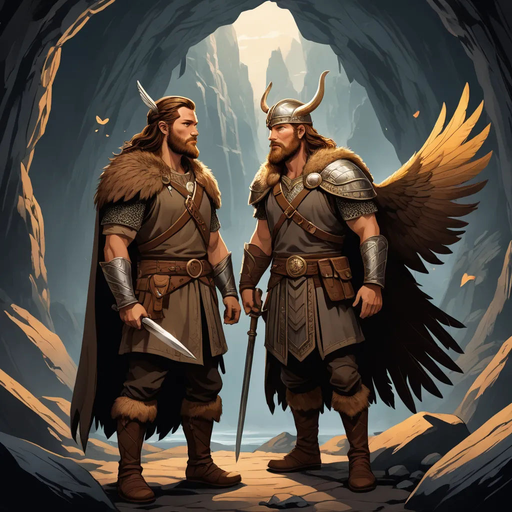two men dressed in armor with wings and holding swords in a cave with a mountain in the background and a cave entrance, fantasy art, concept art, Brothers Hildebrandt, epic fantasy character art