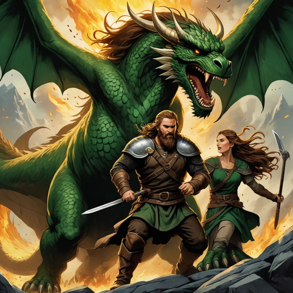 a man and a woman are standing next to a dragon with a sword in their hands and a sword in their hand, fantasy art, a storybook illustration, Clint Cearley, epic fantasy character art