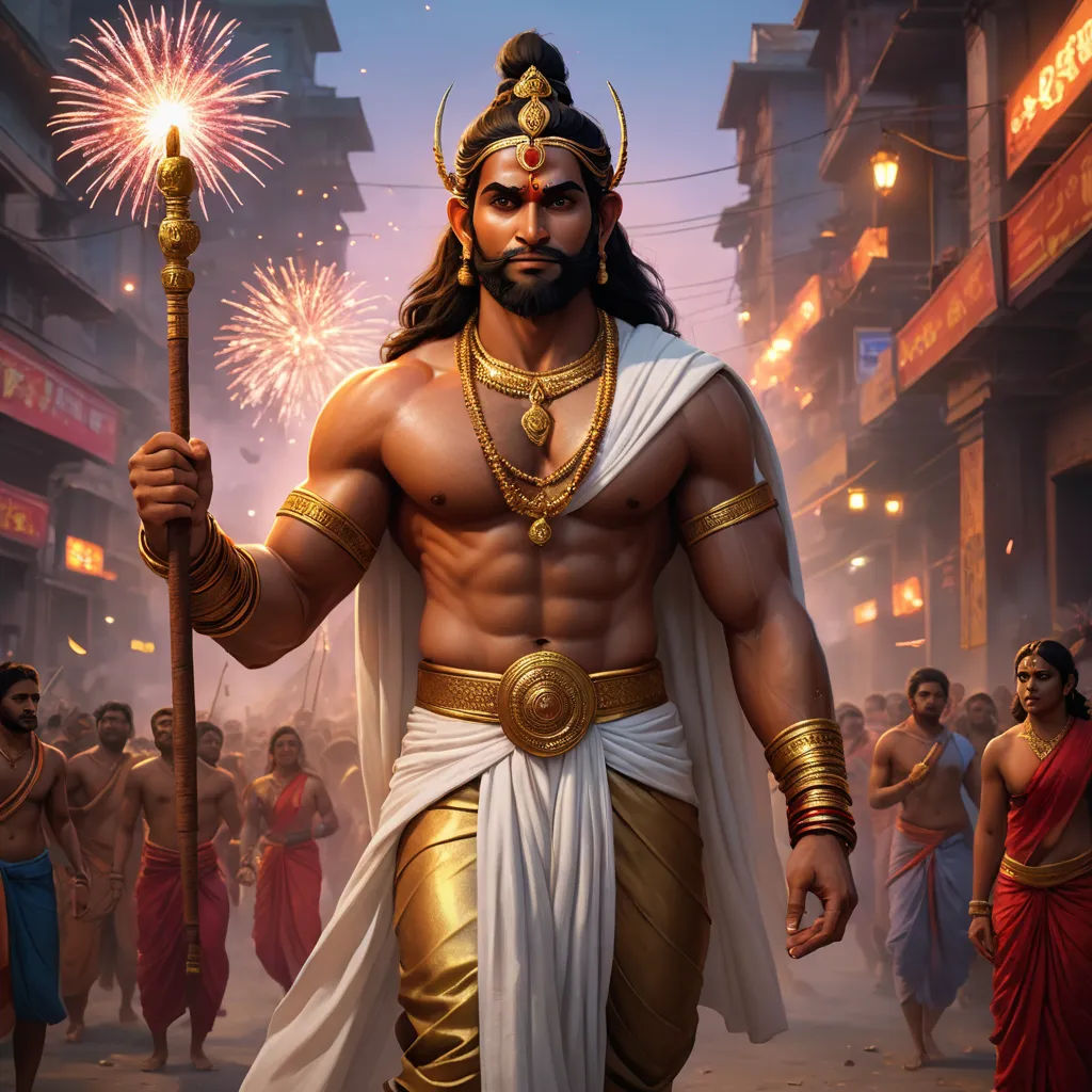 a man dressed in a costume holding a sparkler in a street with other people in the background and a city street, samikshavad, a detailed matte painting, Bholekar Srihari, official art