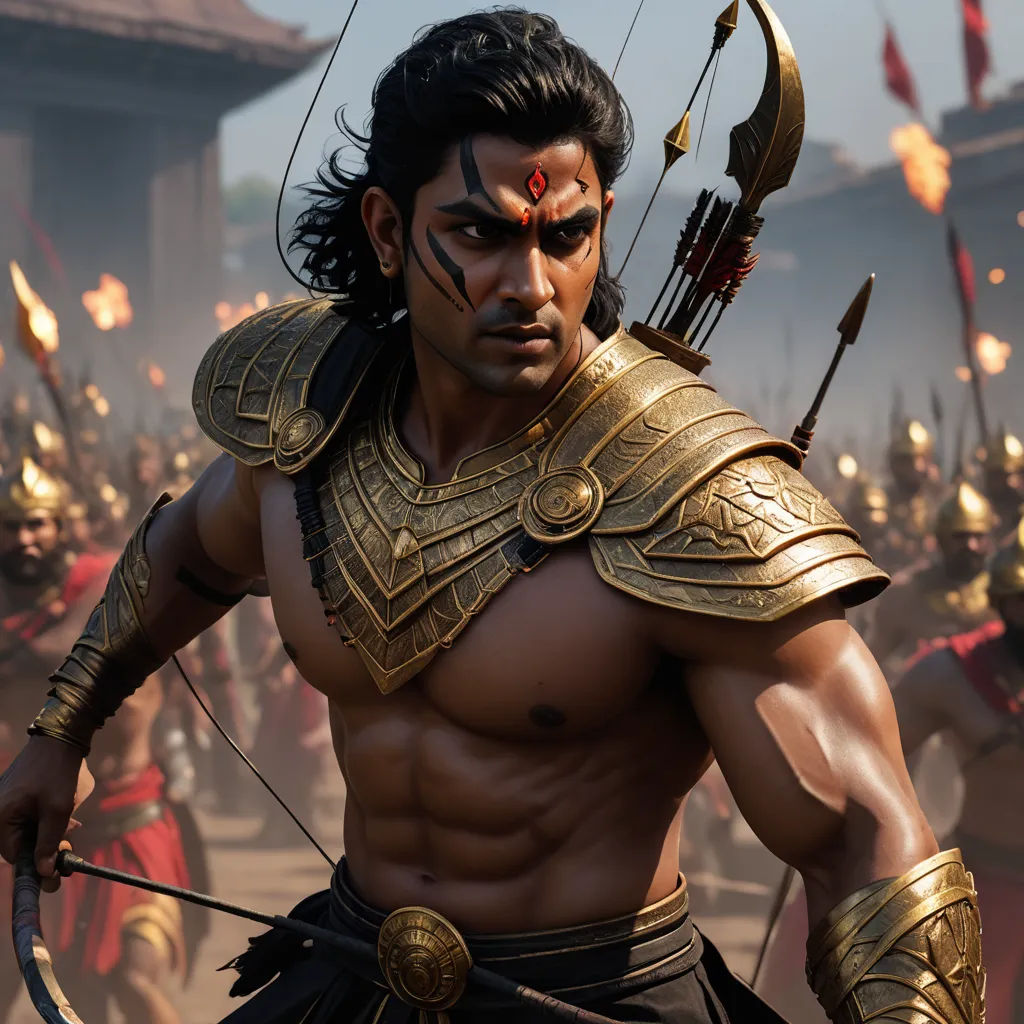 a man in a costume with a bow and arrow in front of a group of men in armor and holding spears, samikshavad, a detailed matte painting, Altoon Sultan, weta digital