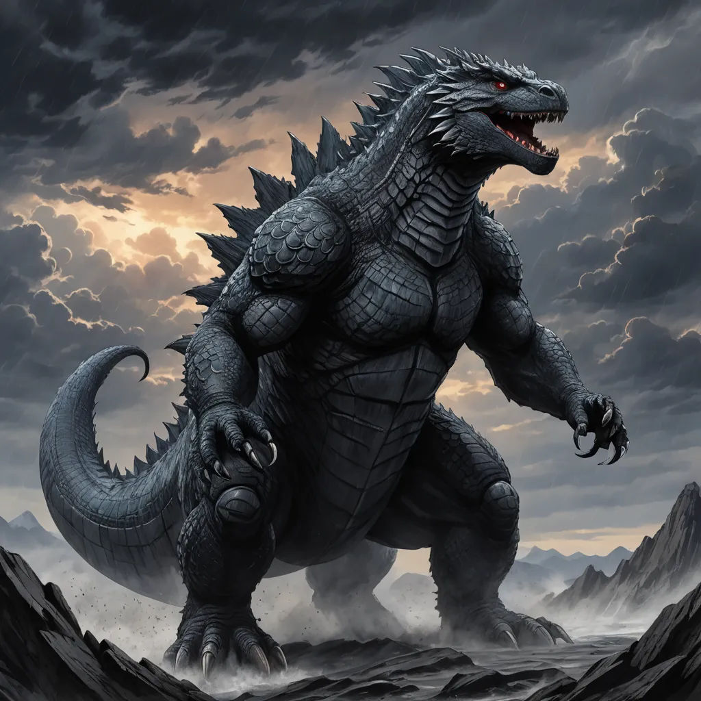 a godzilla is standing in the middle of a desert area with a cloudy sky in the background and a mountain range in the foreground, sots art, a detailed drawing, Adam Rex, official art