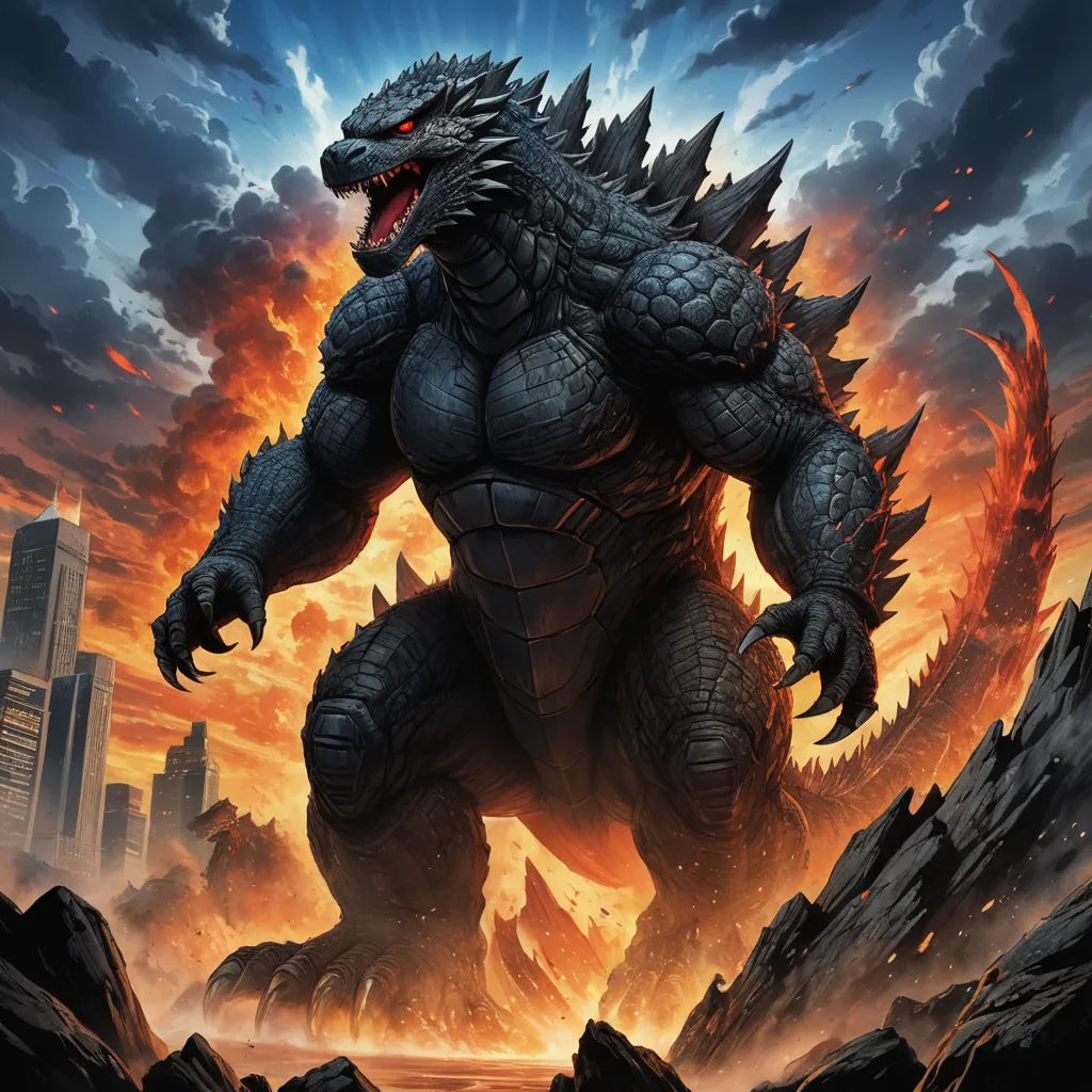 a godzilla is standing in a rocky area with a city in the background and a red fireball in the sky, sots art, poster art, Adam Rex, official art