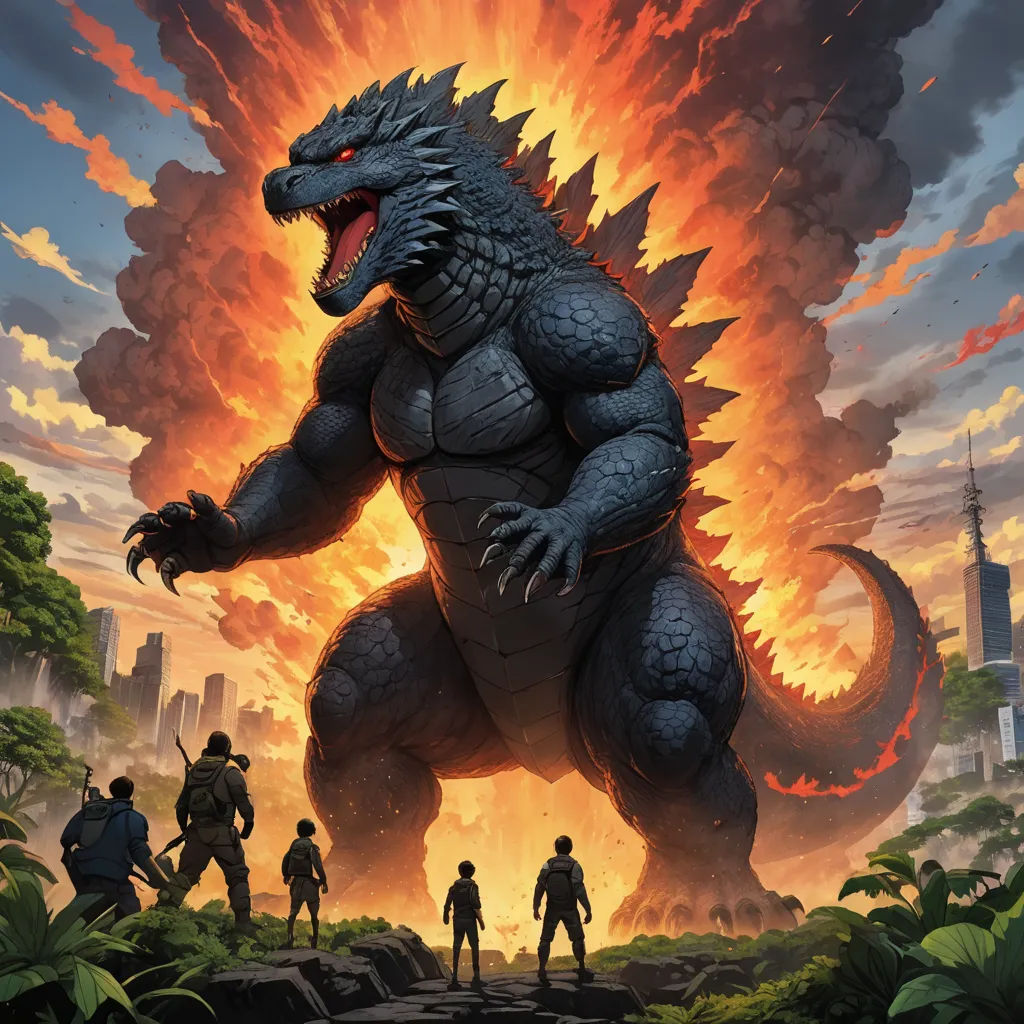 a godzilla is standing in front of a group of people in a jungle setting with a huge fireball in the background, sots art, poster art, Dan Mumford, official art