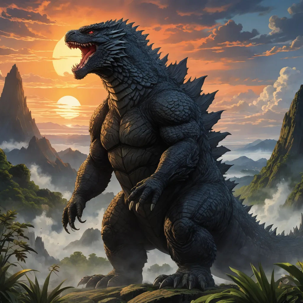 a godzilla is standing in the middle of a mountain range with a sunset in the background and clouds in the sky, sots art, concept art, Ed Binkley, official art