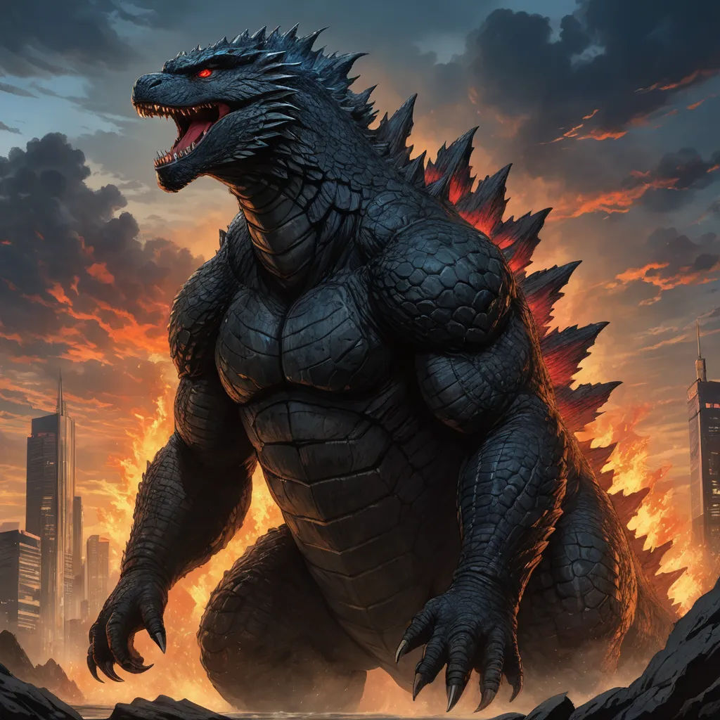 a godzilla is standing in front of a city skyline with flames in the air and a city in the background, sots art, poster art, Adam Rex, official art