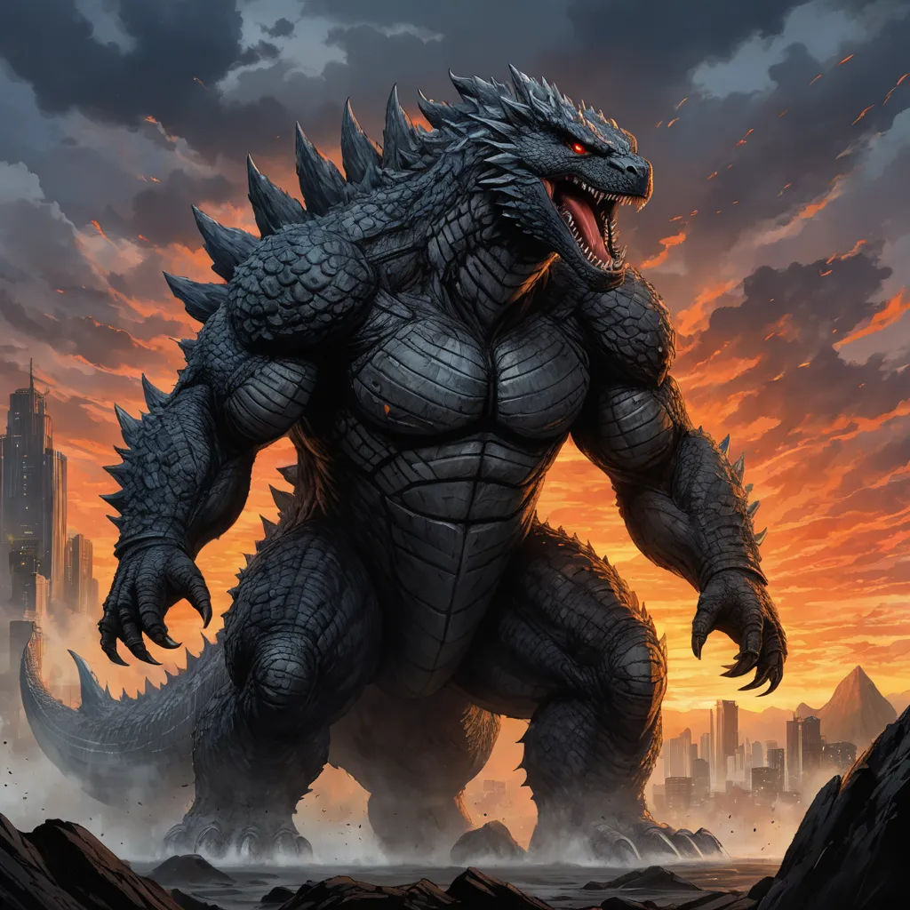 a godzilla is standing in front of a sunset with a city in the background and a red sky in the background, sots art, poster art, Adam Rex, official art