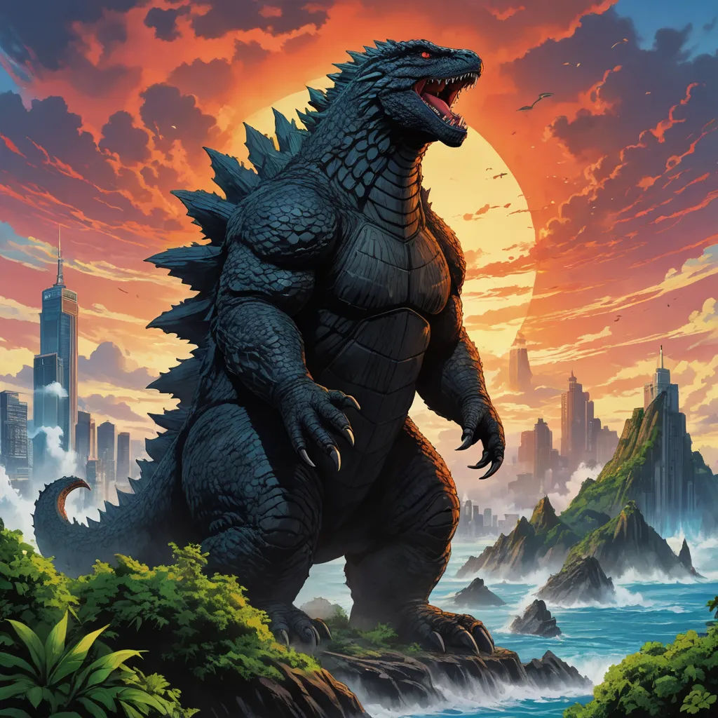 a godzilla standing on a rock in front of a city skyline with a sunset in the background and a large body of water, sots art, poster art, Dan Mumford, official art
