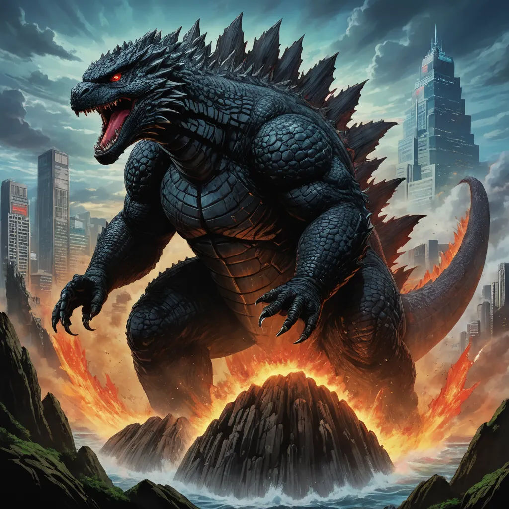 a godzilla is standing in front of a city with flames and lavas in the background, with a city skyline in the background, sots art, poster art, Adam Rex, official art