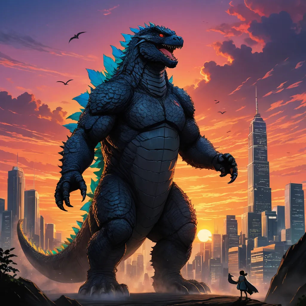 a godzilla standing in front of a city skyline at sunset with a person walking by it and birds flying overhead, sots art, poster art, Adam Rex, official art