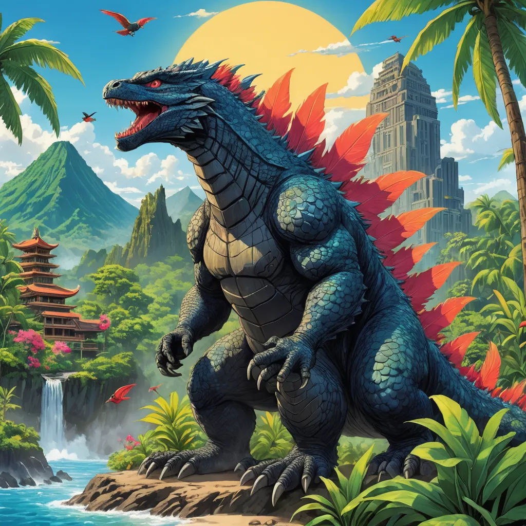 a godzilla standing on a rock in a tropical setting with a waterfall and a bird flying overhead in the sky, fantasy art, poster art, Chris LaBrooy, official art