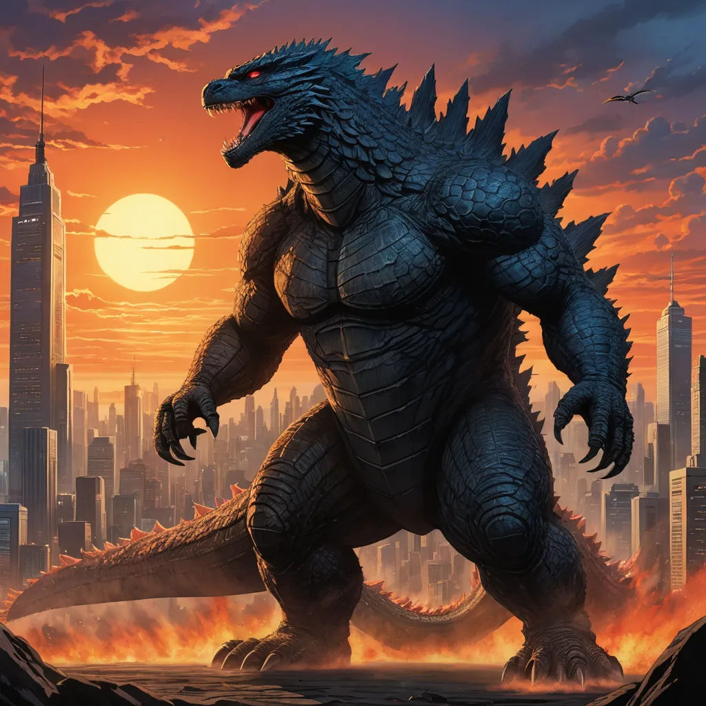 a godzilla is standing in front of a city skyline at sunset with a jet plane flying overhead in the background, sots art, poster art, Adam Rex, official art