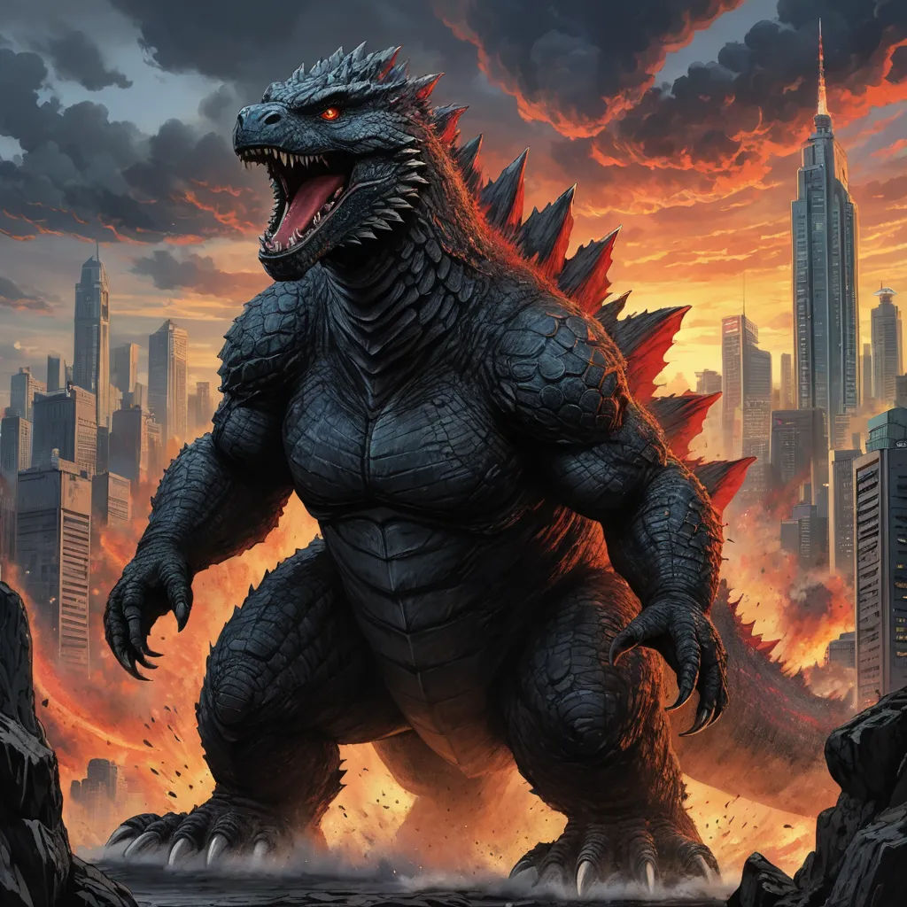 a godzilla is standing in front of a city skyline with flames and smoke in the air and a city in the background, sots art, poster art, Adam Rex, official art