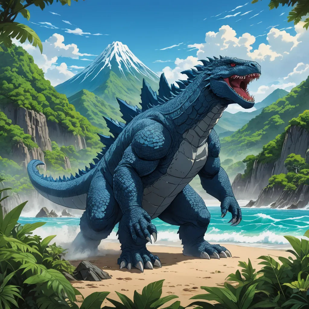 a godzilla is standing on a beach near the ocean and mountains with a mountain in the background and a wave coming in, altermodern, concept art, Adam Rex, official art