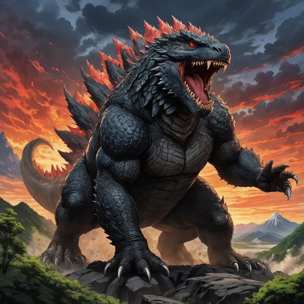 a godzilla is standing on a rock in the sunset with its mouth open and it's teeth wide open, sots art, concept art, Adam Rex, official art