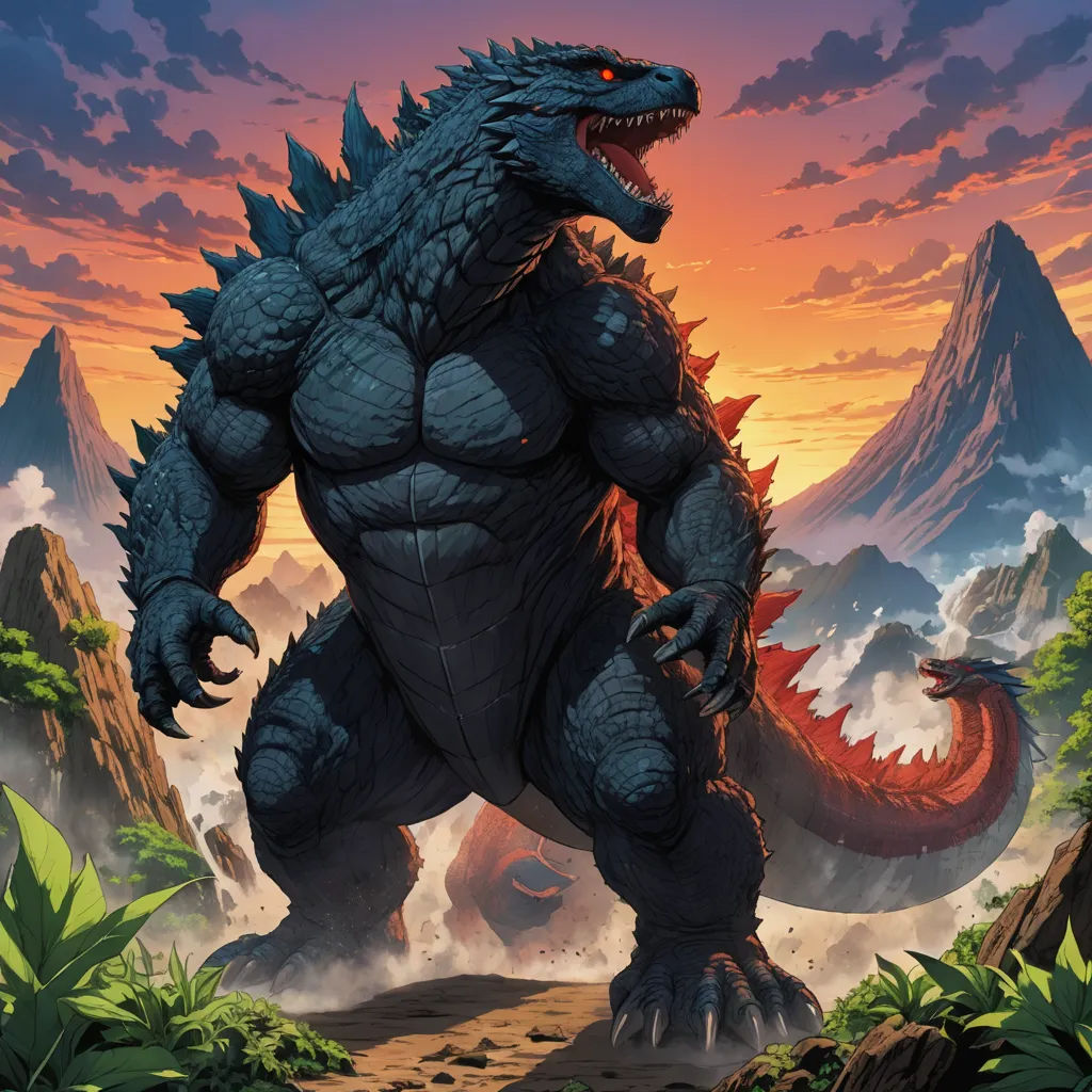 a godzilla is standing in the middle of a mountain range with a sunset in the background and clouds in the sky, sots art, poster art, Adam Rex, official art