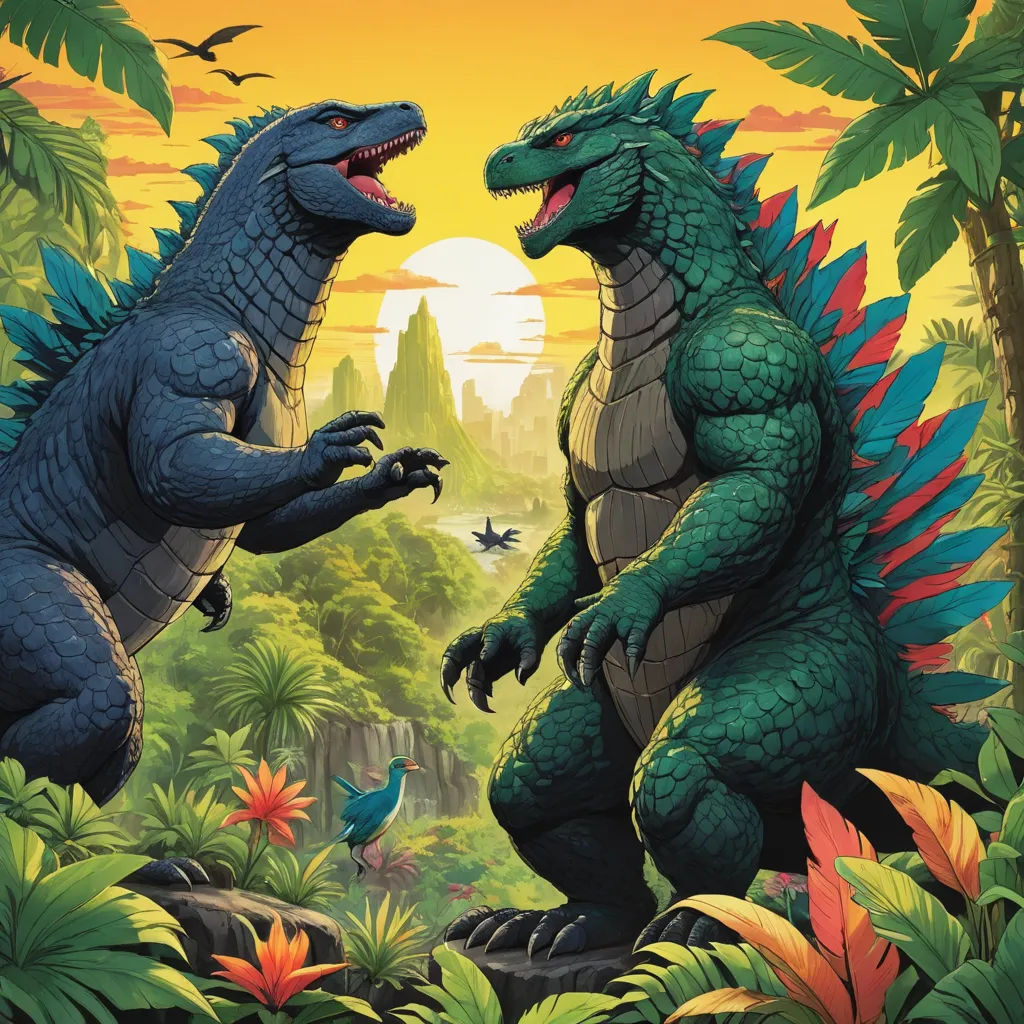 two dinosaurs are fighting in the jungle with birds and trees in the background, with a bird flying in the air, furry art, poster art, Brothers Hildebrandt, official art