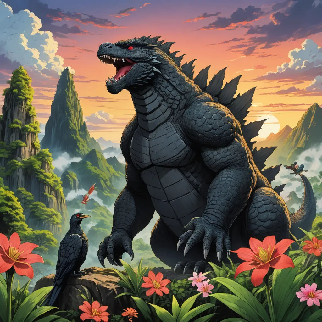 a godzilla and a bird are in a field of flowers and trees with a mountain in the background and a sunset, sots art, poster art, Adam Rex, official art