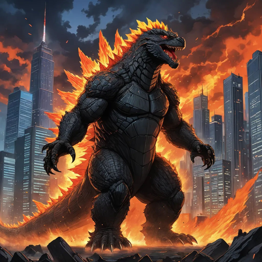 a godzilla is standing in front of a city with flames and lavas on it's sides and a city skyline in the background, sots art, concept art, Dan Mumford, official art