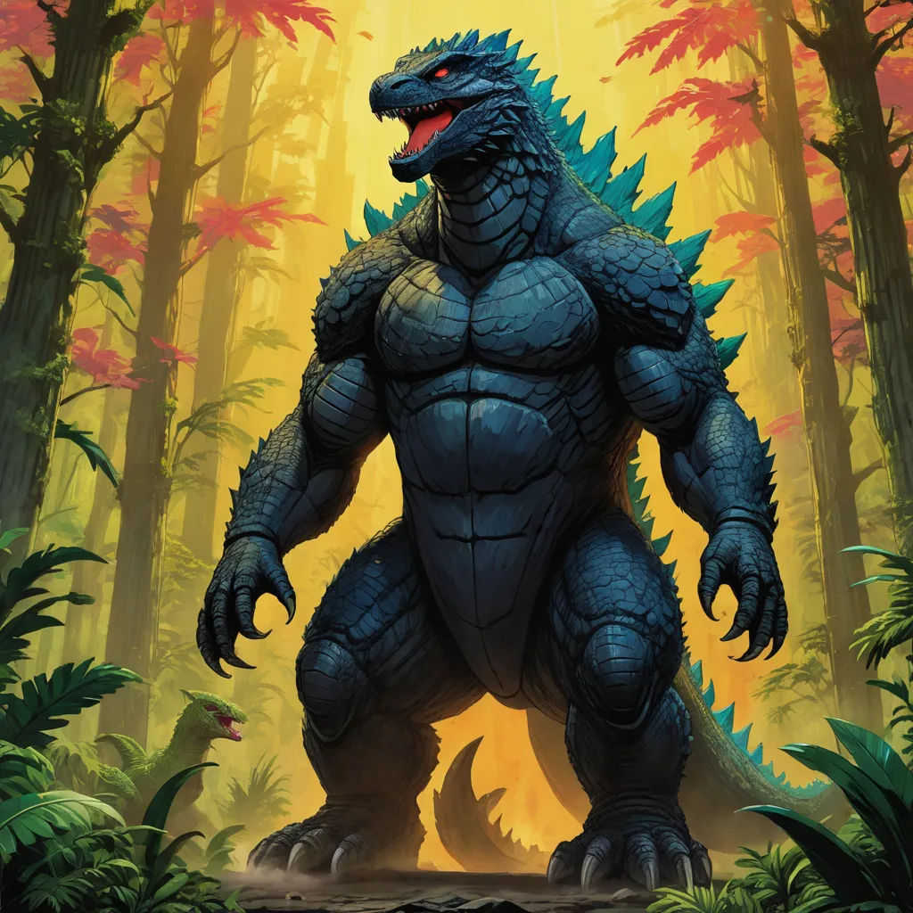 a godzilla in the middle of a forest with trees and bushes in the background, with a red light coming from its mouth, altermodern, poster art, Adam Rex, official art