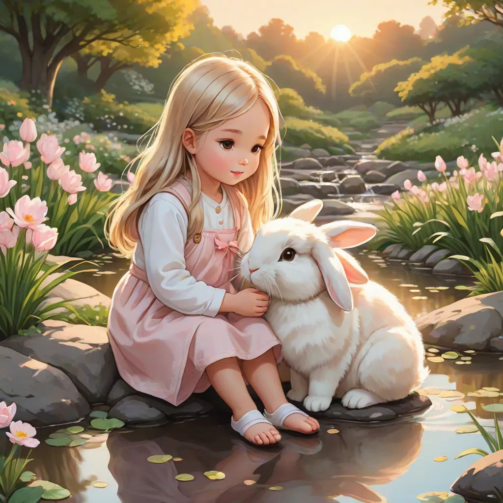 a little girl sitting on a rock with a bunny in her lap and flowers in the background, and a stream running through the park, fantasy art, a detailed painting, Alice Prin, soft painting